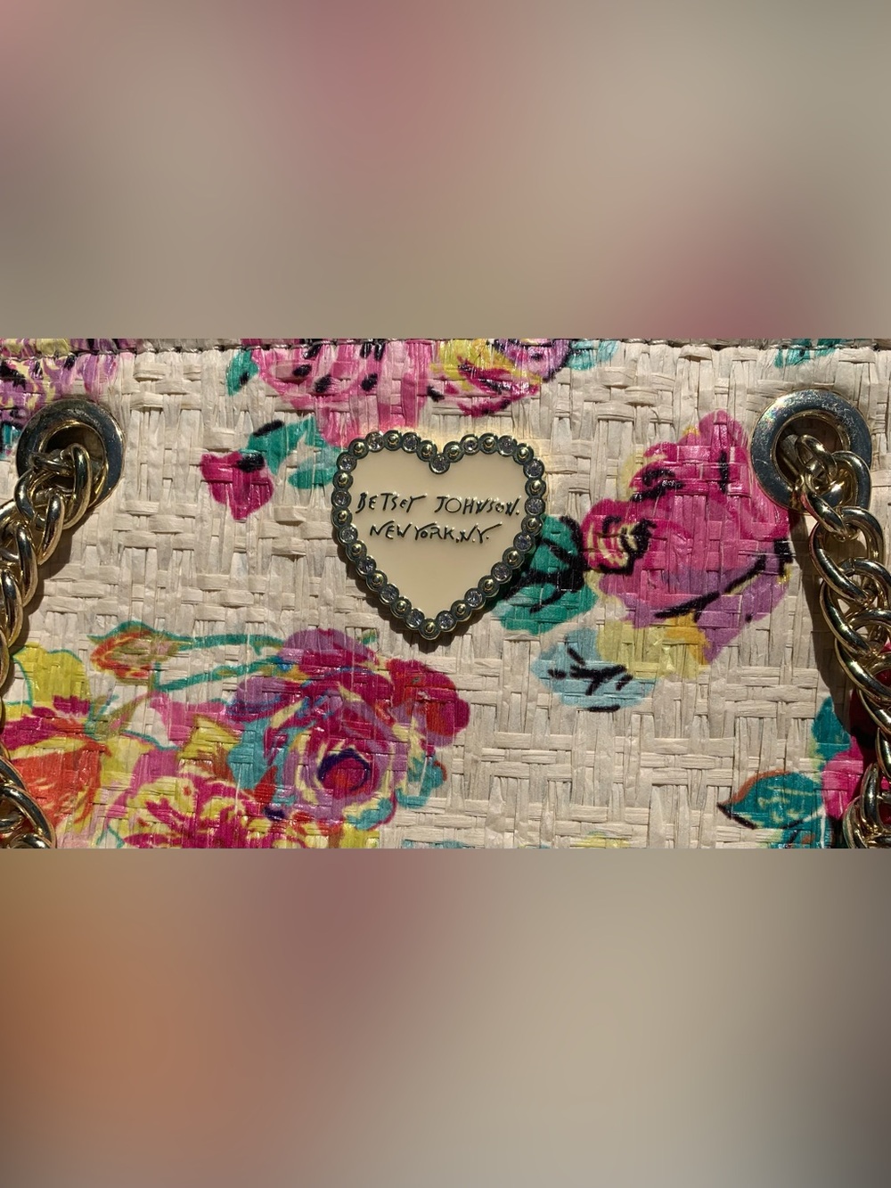 Butterfly floral/white Betsey Johnson lg tote bag with signature quilt design. - Picture 3 of 4